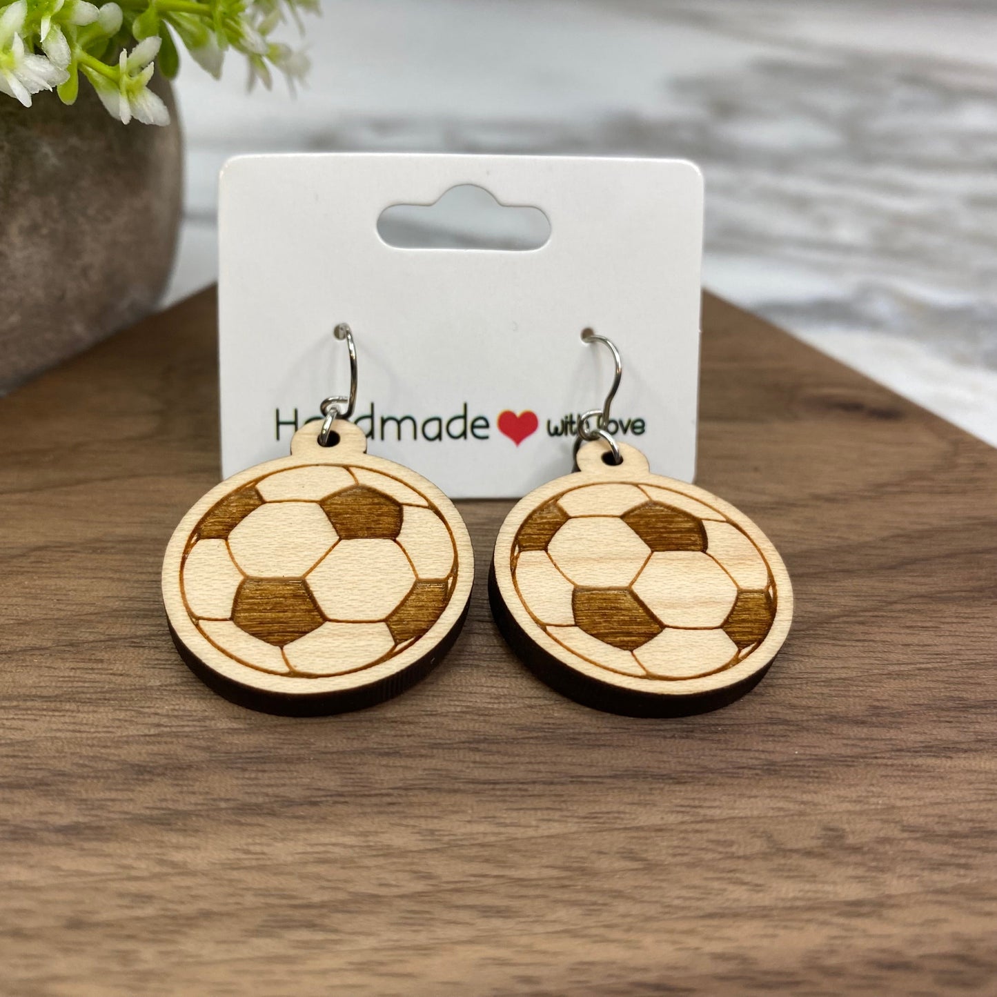 Wooden Dangle Earrings - Soccer