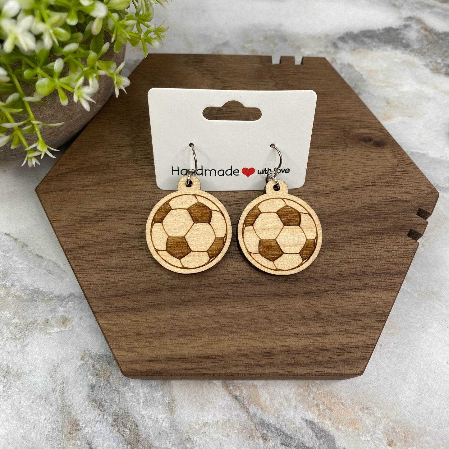 Wooden Dangle Earrings - Soccer