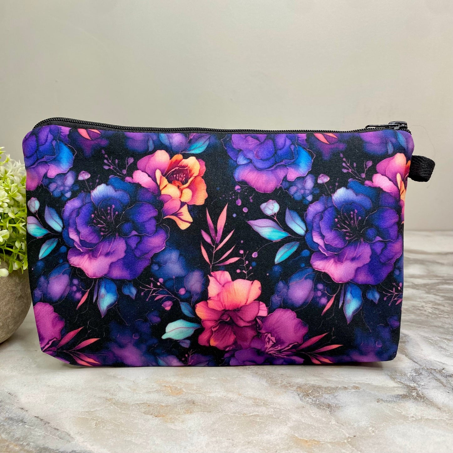 Pouch - Floral Purple Orange Pink on Black