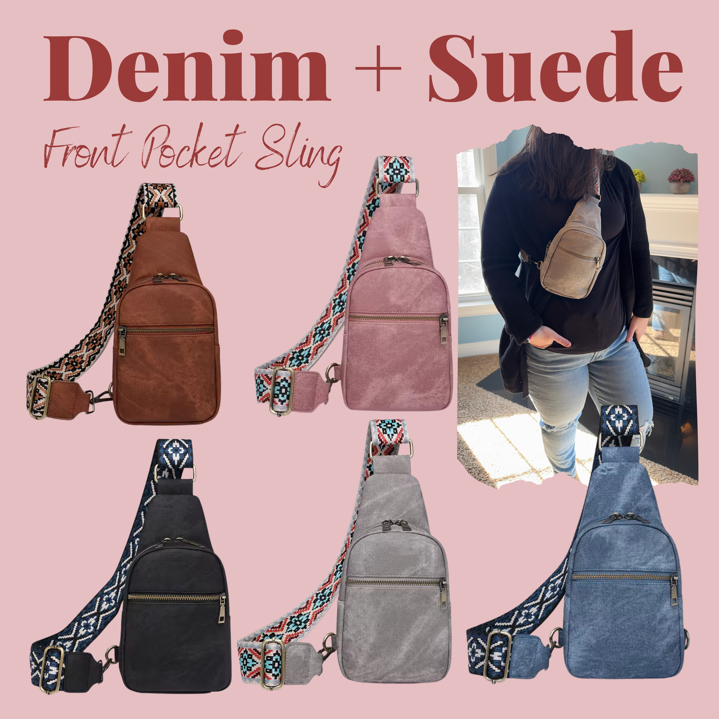 Sling Bag - Denim Suede - Front Zip