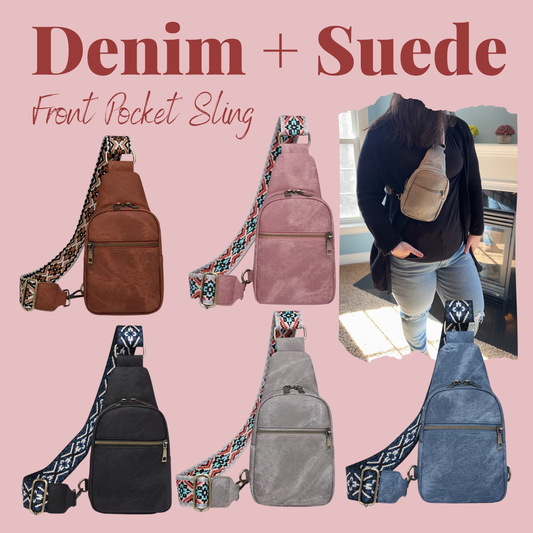 Sling Bag - Denim Suede - Front Zip