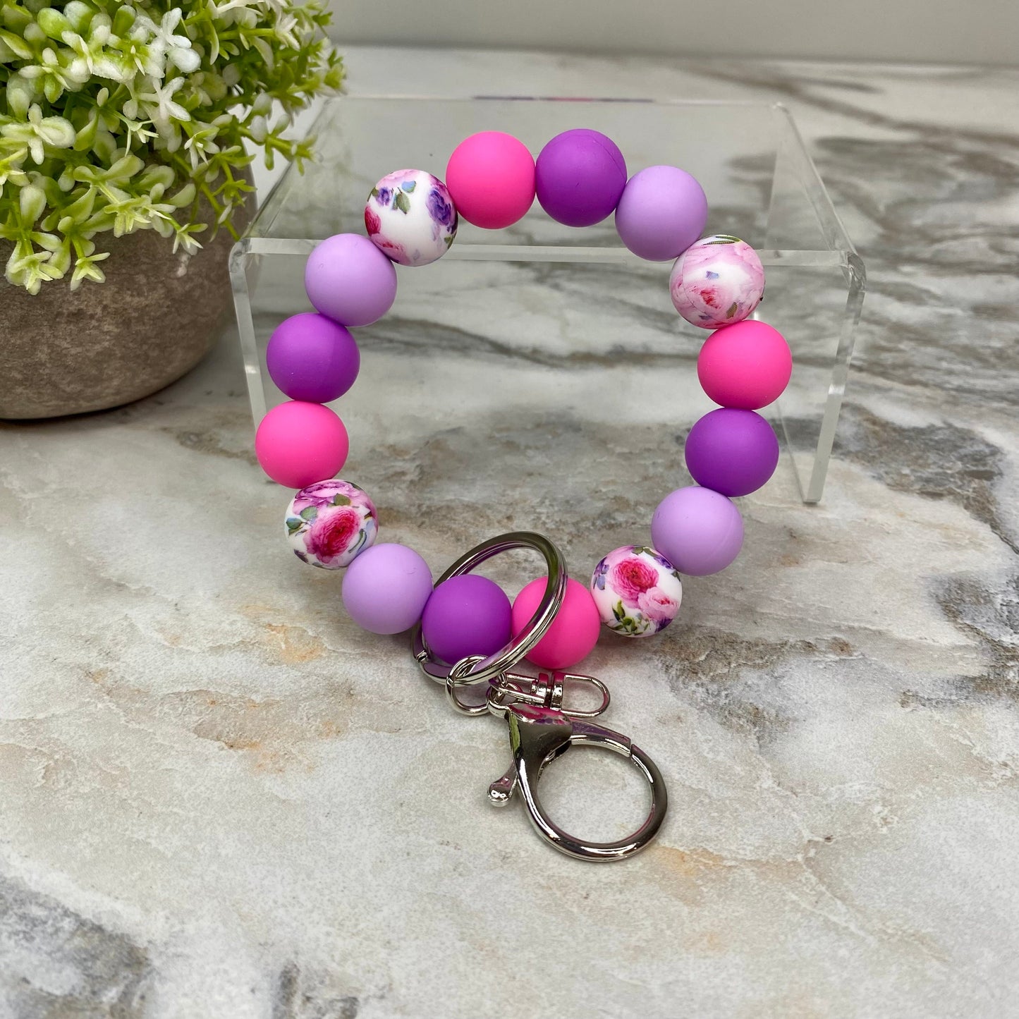 Silicone Bracelet Keychain - Purple Pink Roses