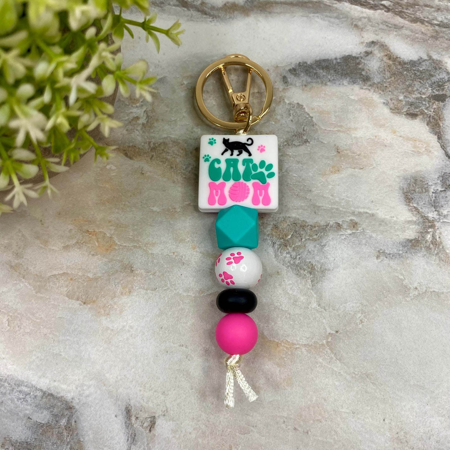 Keychain - Silicone & Wood Bead - Teal Pink Cat Mom