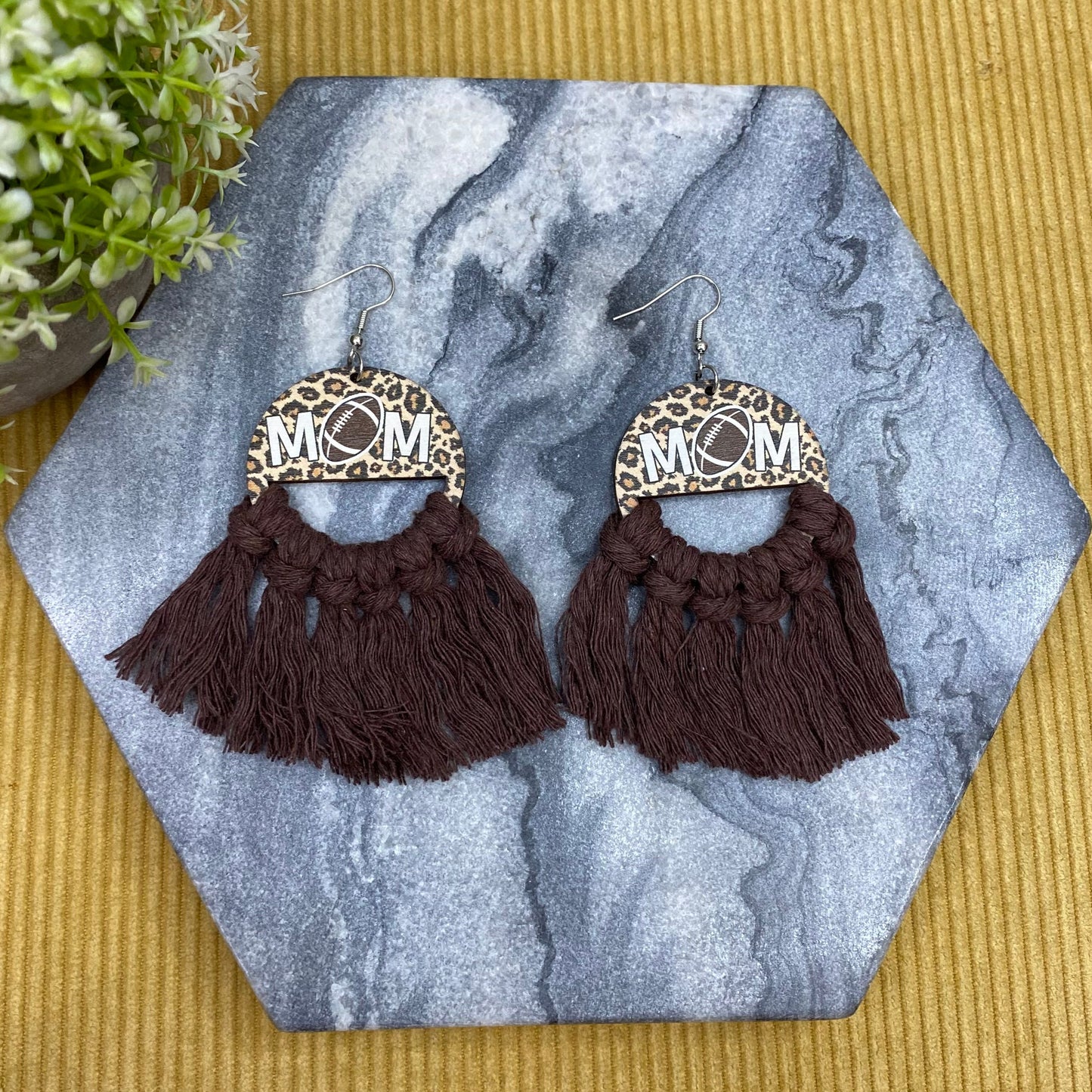 Wood & Macrame Earrings - Half Football Mom