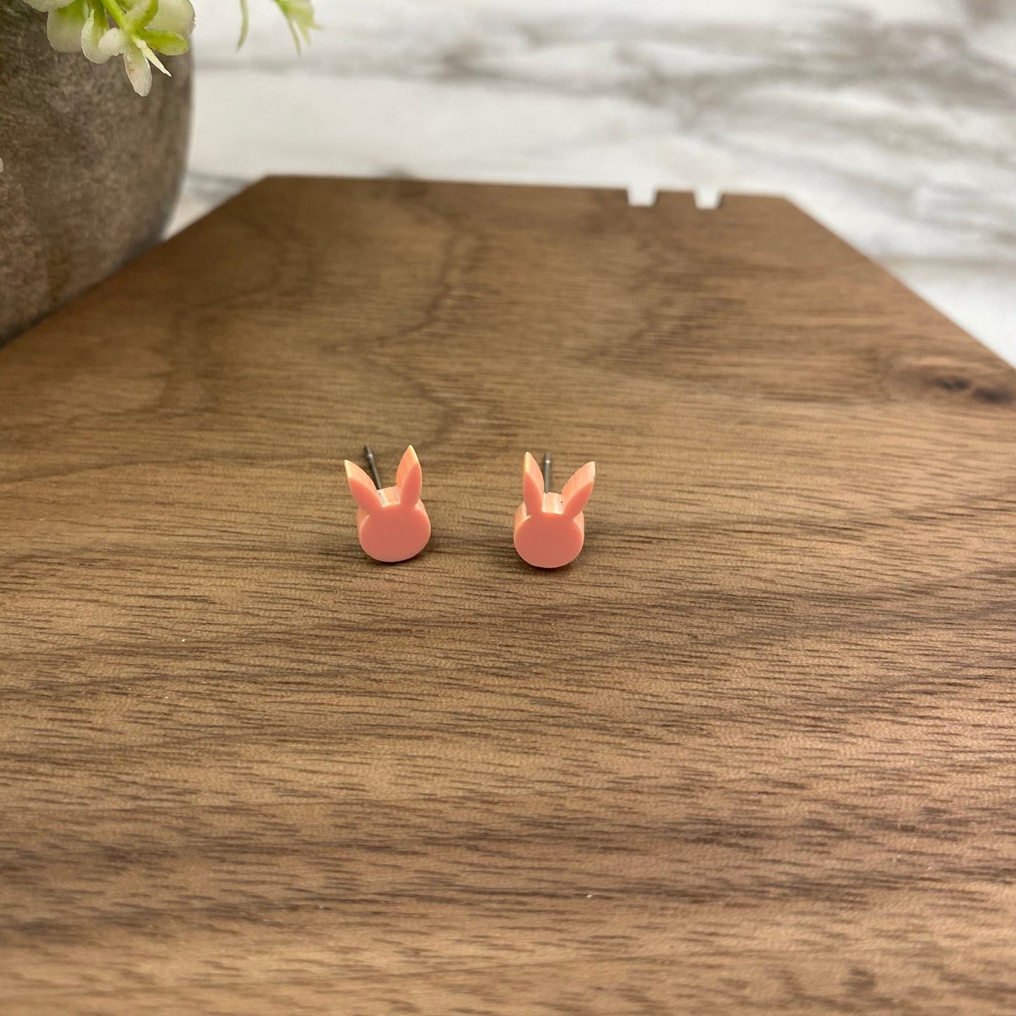 Acrylic Stud Earrings - Easter - Bunny Head - Coral