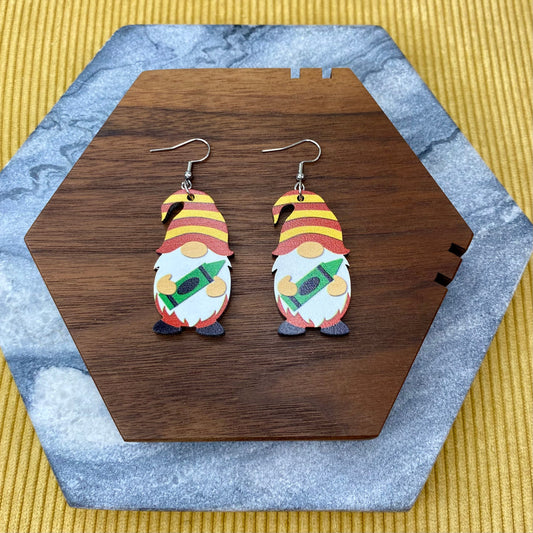 Wooden Dangle Earrings - Teacher Gnome Crayon