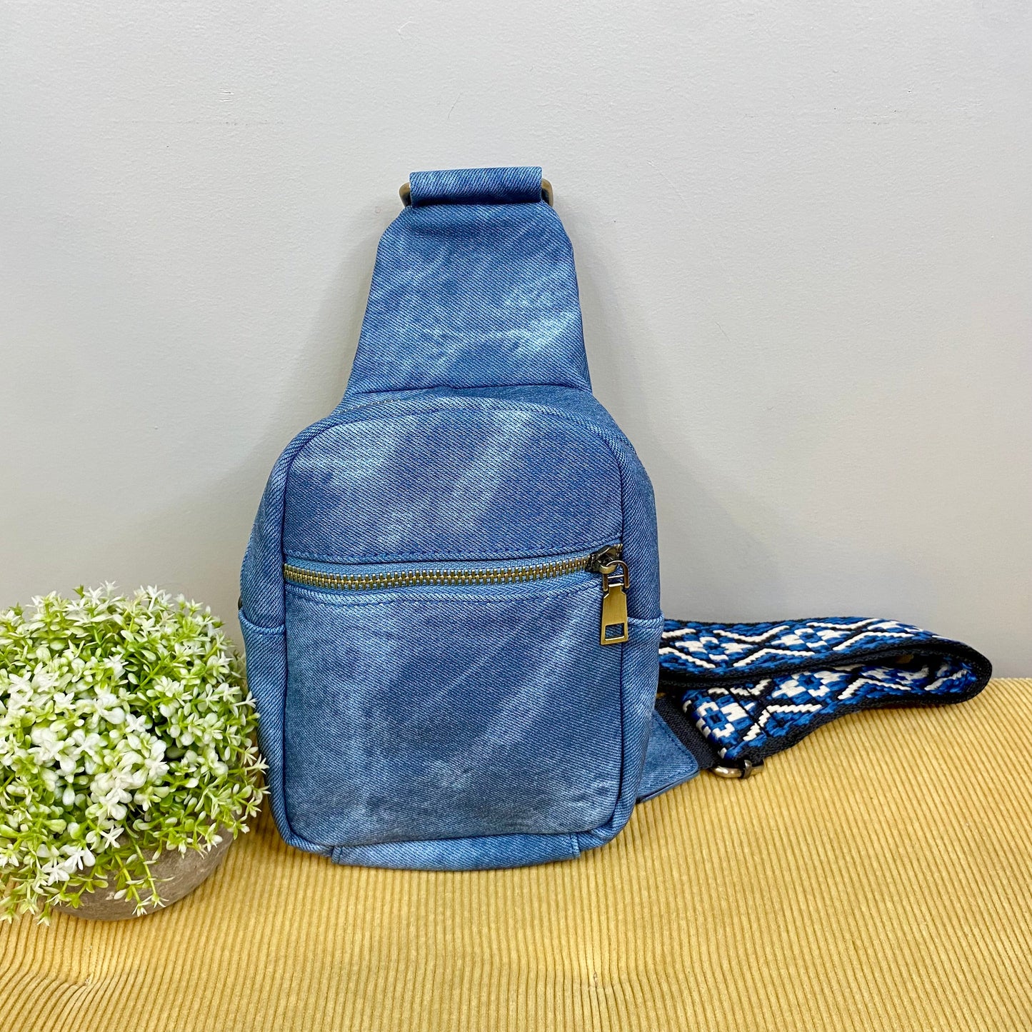 Sling Bag - Denim Suede - Front Zip