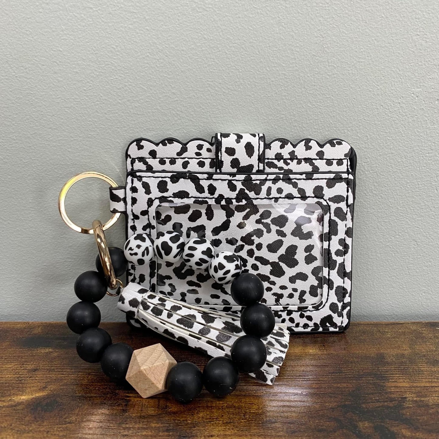 Silicone Bracelet Keychain with Scalloped Card Holder - Black Spots