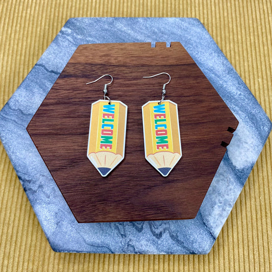 Wooden Dangle Earrings - Teacher - Welcome Pencil