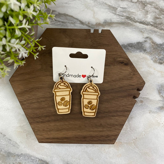 Wooden Dangle Earrings - Frappe Coffee Beans