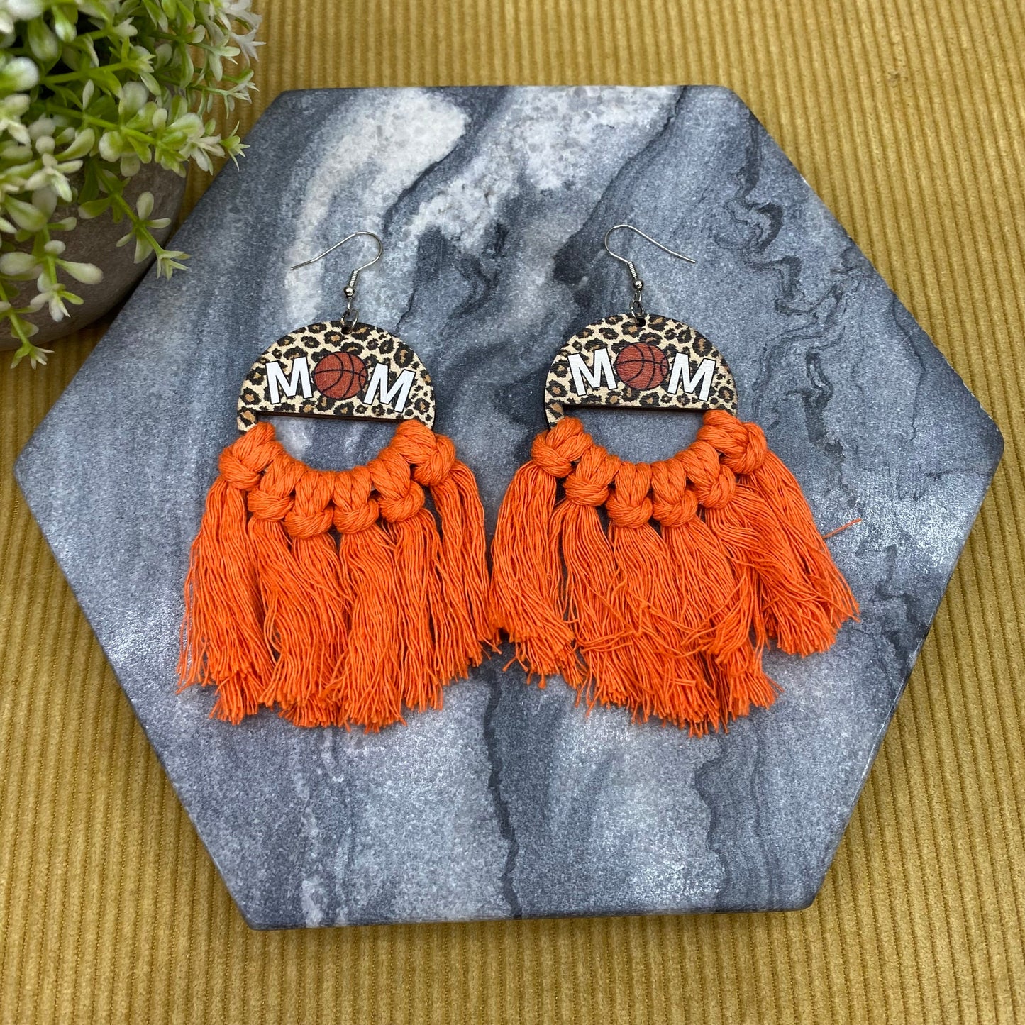 Wood & Macrame Earrings - Half Basketball Mom