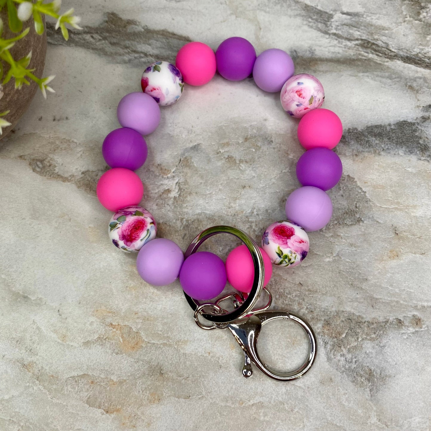 Silicone Bracelet Keychain - Purple Pink Roses