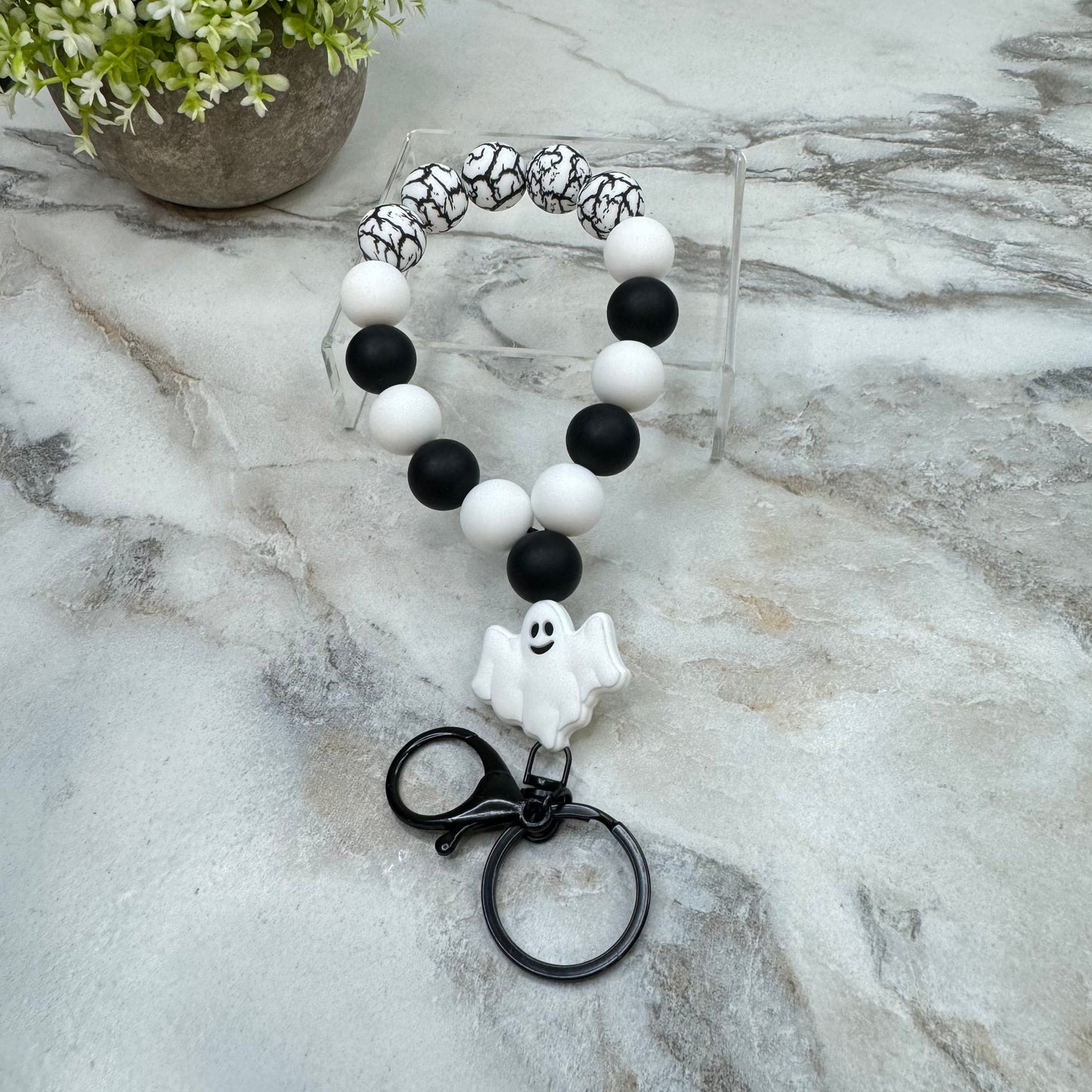 Silicone Bracelet Keychain - Halloween - Ghost White Marble