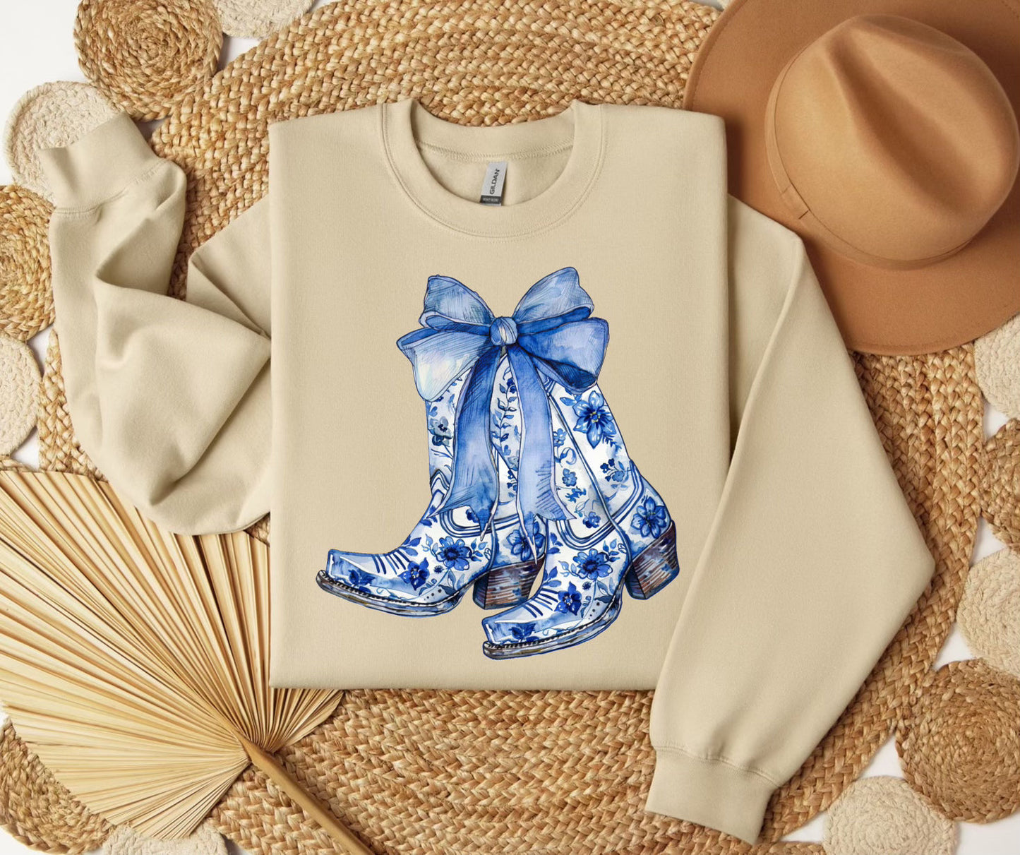 Blue Floral Boots With Bow SWEATSHIRT.