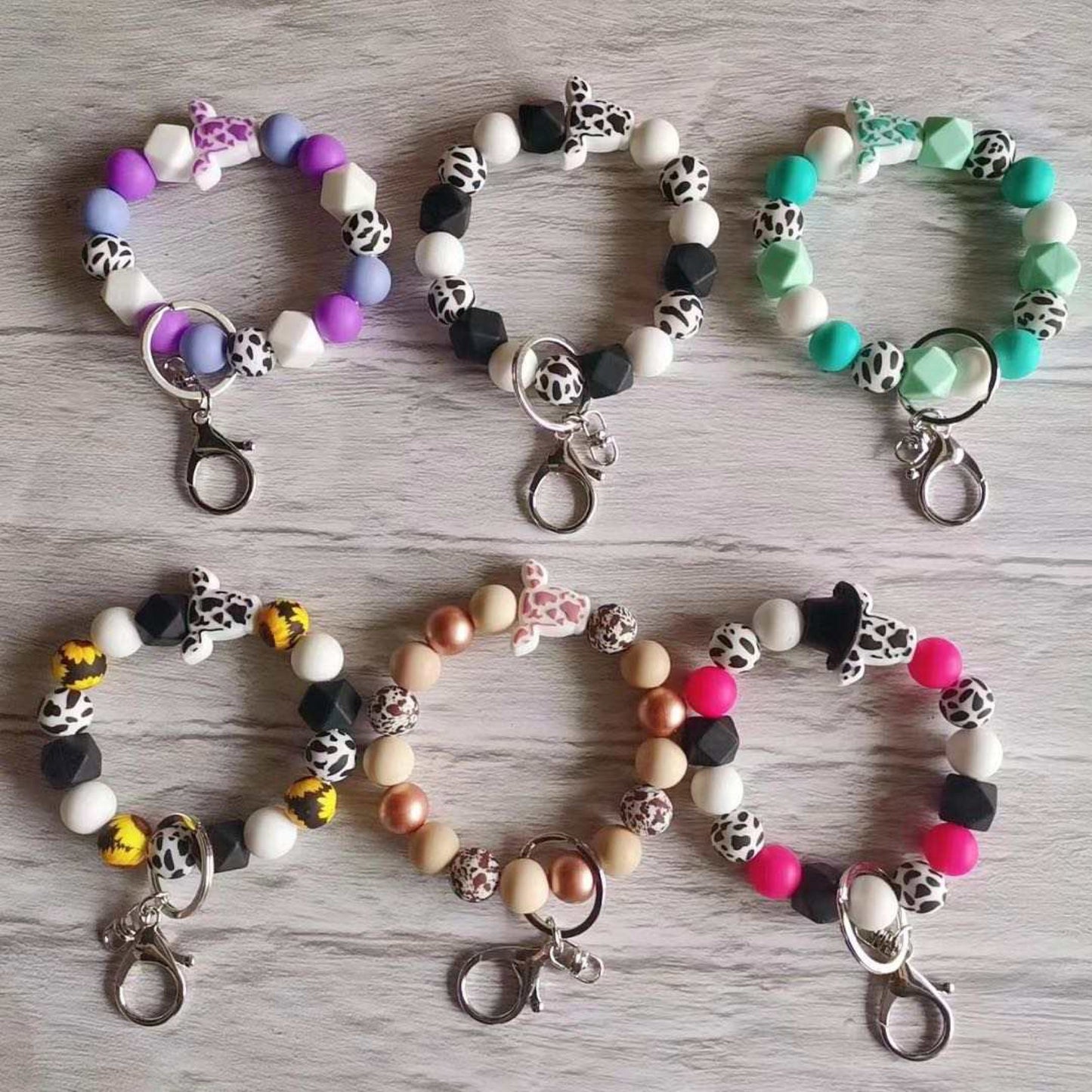 Silicone Bead Bracelet Keychain - Cow Designs